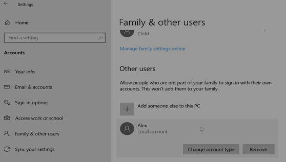 family and other users in windows 10