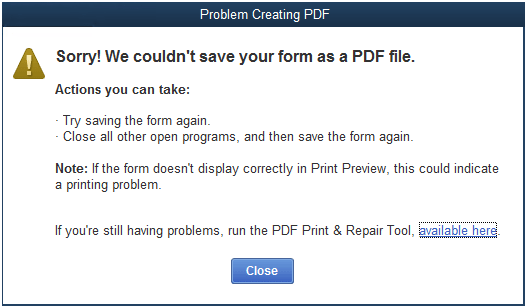 QuickBooks couldn't save the form as pdf