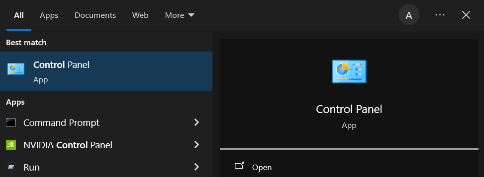 Search Control panel in Start Window