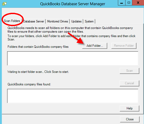 QuickBooks Database Server Manager add folder