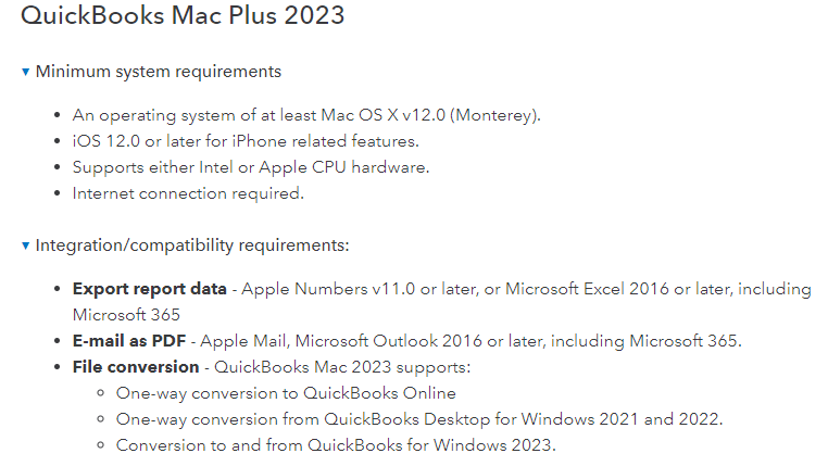 system requirements of QuickBooks to run on mac